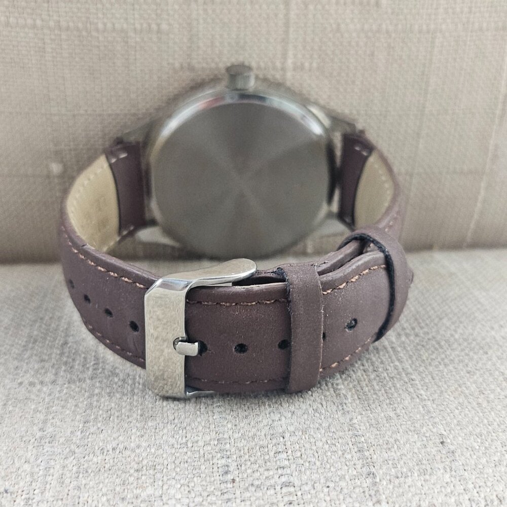 FMD Men Watch Faux Brown Leather Band Quartz Black Face Wristwatch - Picture 5 of 10